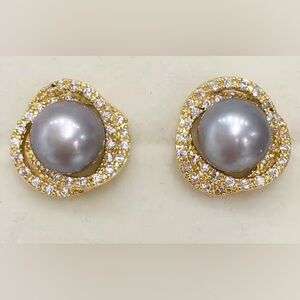 9mm Grey Freshwater Pearl 14K Gold Plated 925 Sterling Silver Stud Earrings